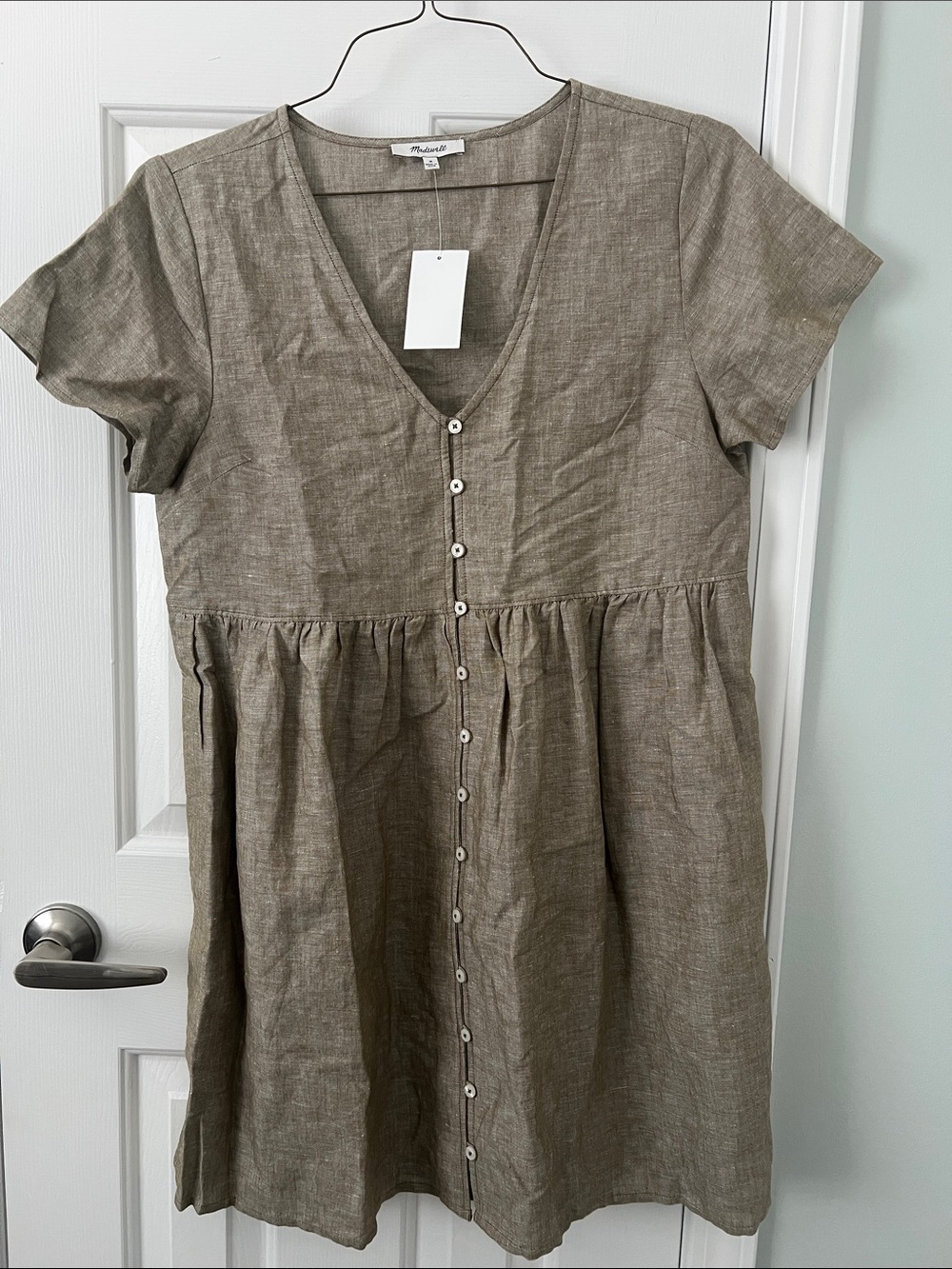 Madewell Button-Front Linen Dress in Olive Taupe